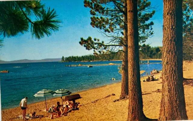 Lake Tahoe Nevada California 1959 Postcard beach forest Zephyr Cove South Shore