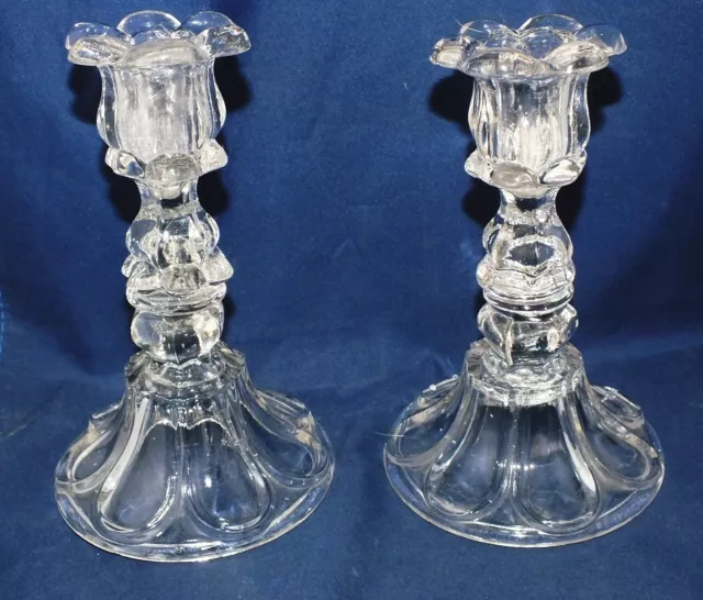 Pair 7" Eapg Antique Boston & Sandwich Flint Glass Candlesticks Petal & Loop