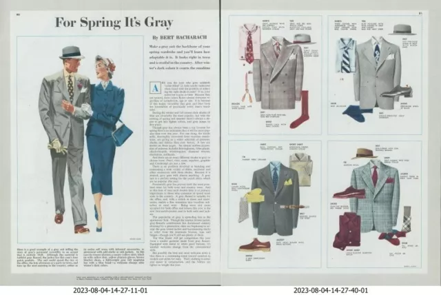 1949 Men's Spring Fashion Bert Bacharach Gray Suit Adaptable Vtg Print Story C15