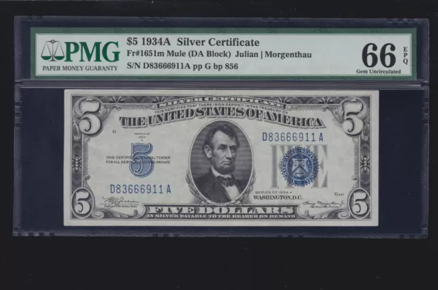 US 1934A $5 Silver Certificate FR 1651m PMG 66 EPQ Sup GEM CU (911)