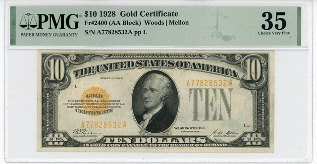 NobleSpirit No Reserve US Fr 2400 1928 $10 Gold Certificate PMG 35