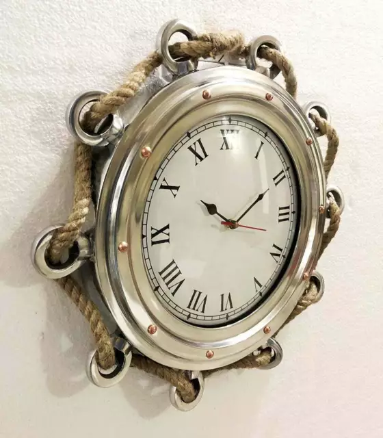 Antiguo náutico cromo yute cuerda barco ojo de buey 16 "reloj de pared...