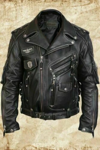 Men's Genuine Cowhide Premium Leather Motorcycle Biker Top Leather Jacket Black