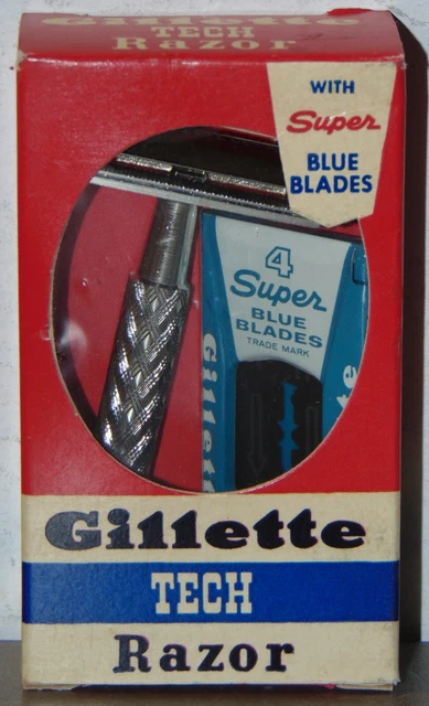 NEW Vintage Gillette Tech Razor with Super Blue Blades NOS 1960's NEW Vintage Gillette Tech Razor with Super Blue Blades NOS 1960's