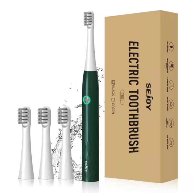 SEJOY Sonic Electric Toothbrush USB Rechargeable 3 Modes 4 Duponts Brush Heads