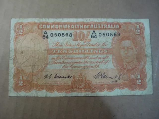 Australian 1949 Coombs Watt Ten Shillings Banknote Commonwealth Of Australia