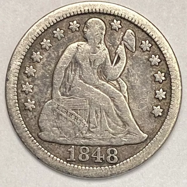 1848 Seated Liberty Dime 10C VF Very Fine 90% Silver