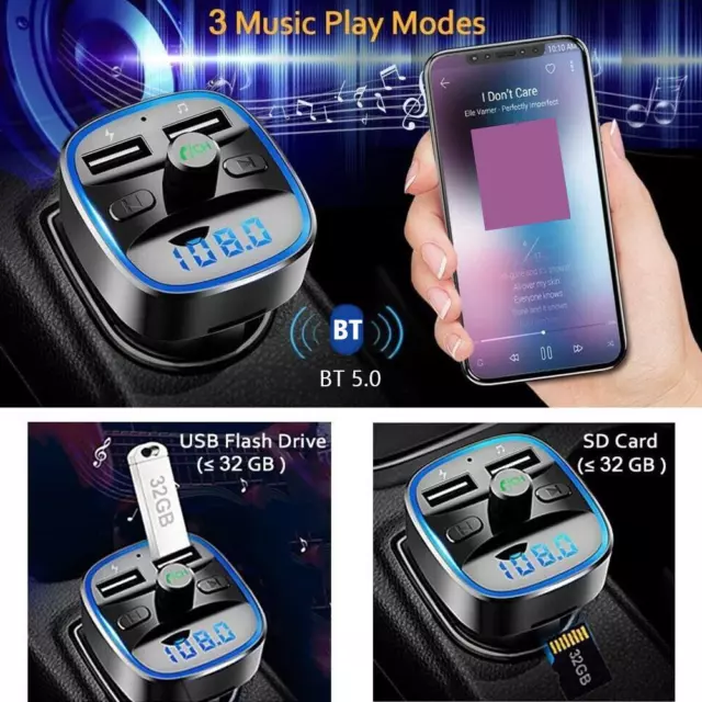 Car FM Transmitter Wireless Bluetooth 5.0 MP3 Player Radio 2 USB Charger Adapter