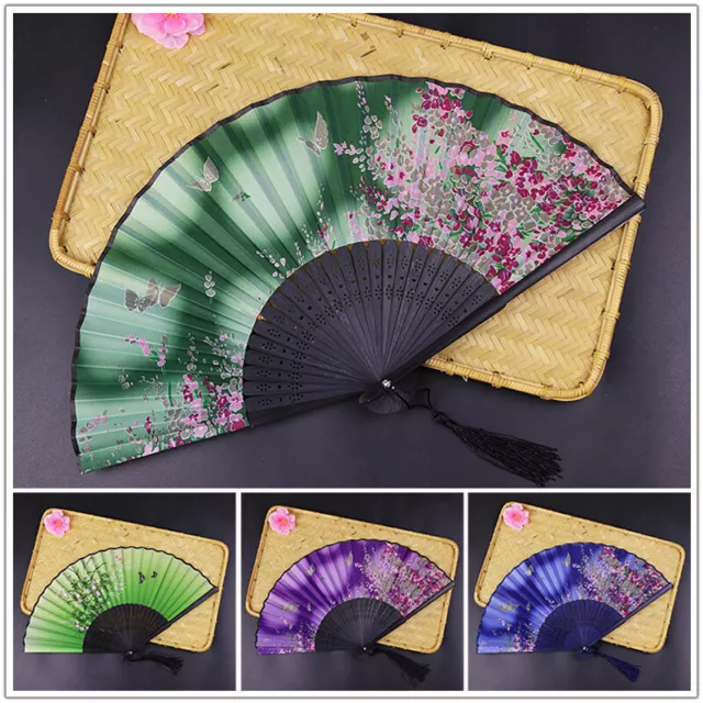 Chinese Style Folding Fan Bamboo Silk Foldable Hand Held Dance Party Favor Gift