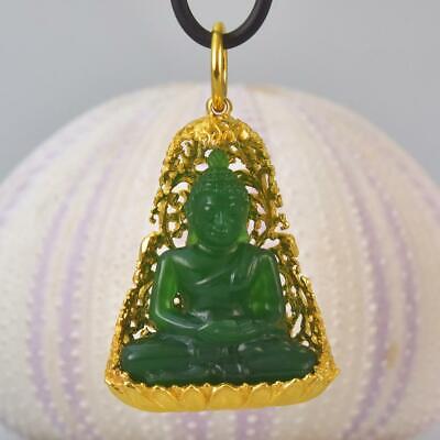 Buddha Image Gold Vermeil Sterling Bodhi Tree Green Chalcedony Pendant 14.06 g