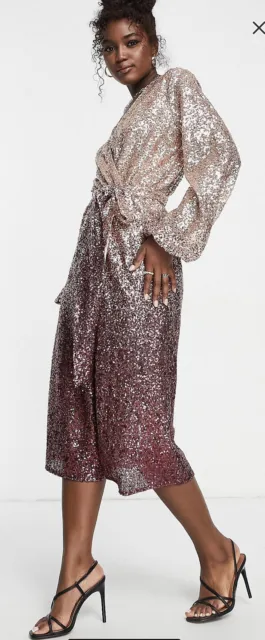 NWT! Style Cheat Asos Wrap Midi Sequin Dress In Gold Ombre, Sz: 10