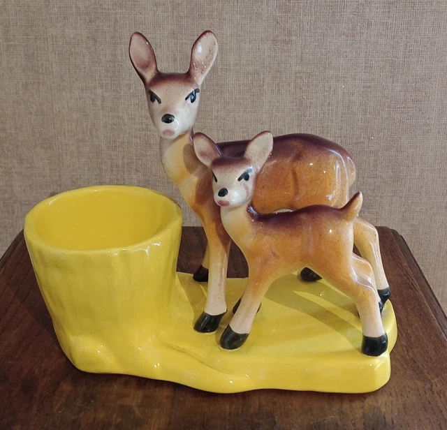 Statuette Plâtre Vintage Années 30 – Biche Et Faon Sur Socle – Déco Occasion