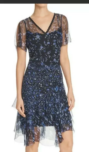 ELIE TAHARI 'Marceline' ~ Navy Floral Silk Ruffle Hem Party Dress 2