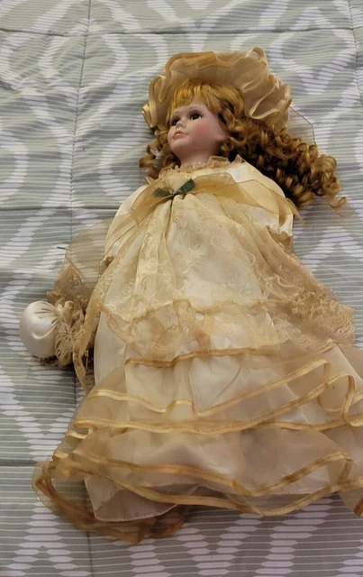 Vintage girl Porcelain Doll Blonde Curly Hair Victorian dressed, 17"