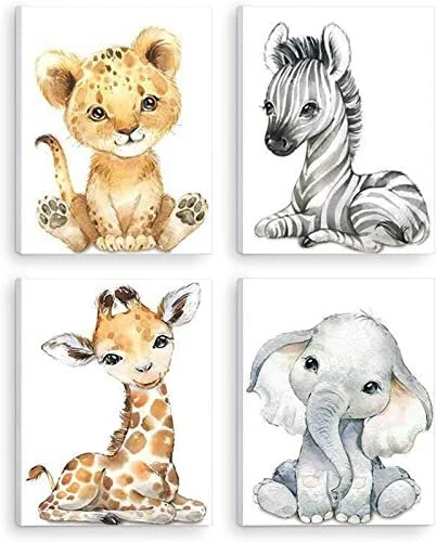 Baby Watercolor Animals Wall Art Prints Set of 4 (8x10),Tiger Elephant Zebra