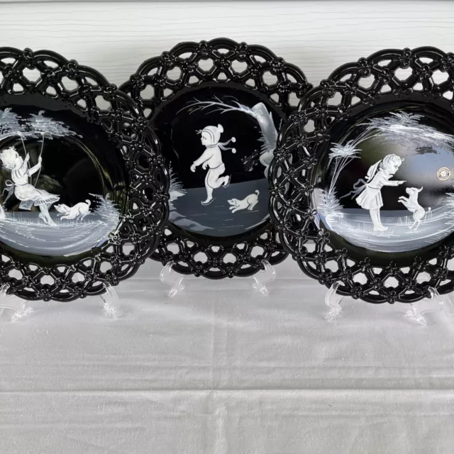 3 Westmoreland Black Hand Painted 1970’s Mary Gregory Design Plates 8.5”