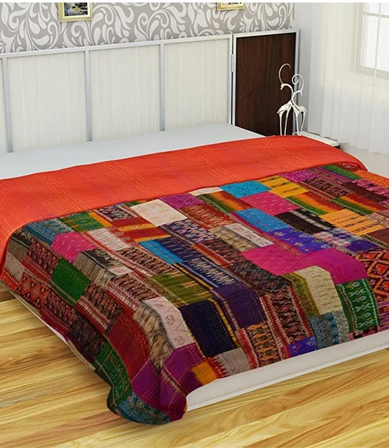 Patchwork Blanket Handmade Kantha Quilt indian quilt Vintage Bed Cover Bedspread