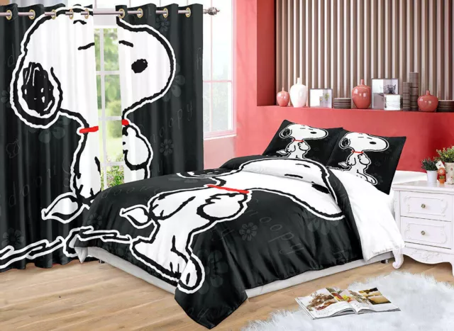 Schwarzer Snoopy 3D Bett bezug Kissen bezug Bettwäsche-Set, Schlafzimmer vorhang