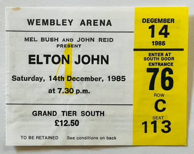 Elton John Original Concert Ticket Wembley Arena London 14th Dec 1985