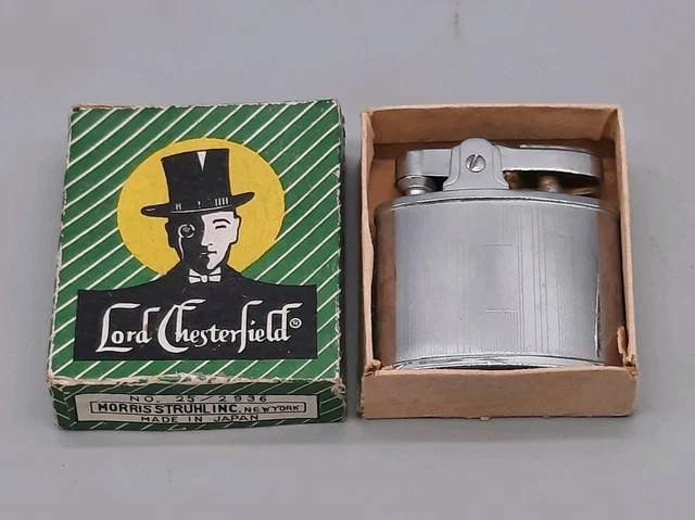 chesterfield cigarette lighter vintage Chrome Zippo Style Flint and Wick Fuel Cigarettes Logo Advertising Promo in Box Serviced Continental Japan c1960's Chesterfield Cigarettes Flip Top