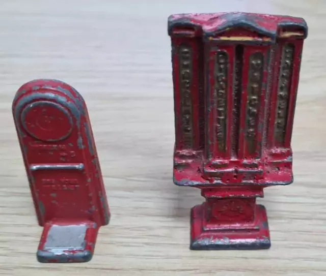 Antique die-cast miniature weighing scales and vending machine