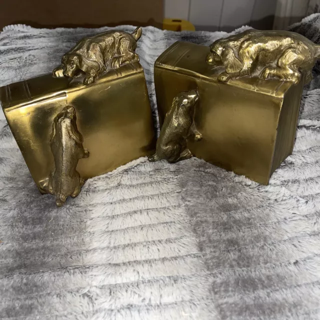 Vintage Pair PM Craftsman Brass Bookends Puppies Dogs Climbing Books