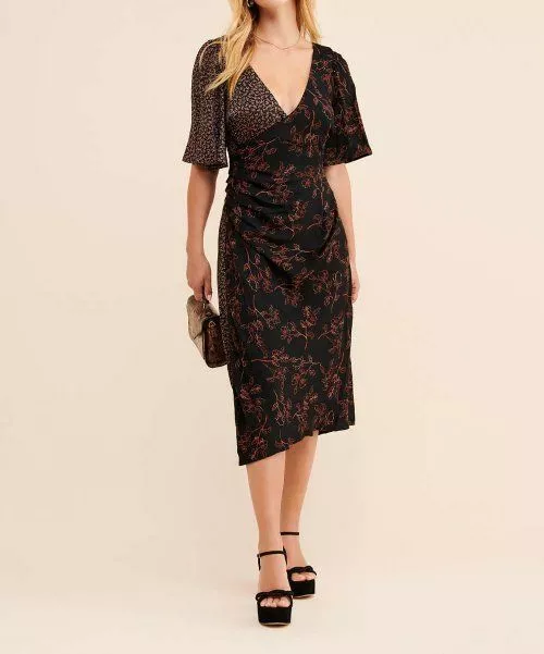 $145 4Si3Nna Floral Side-Ruched Split Surplice Midi Dress Black Size XS NWOT