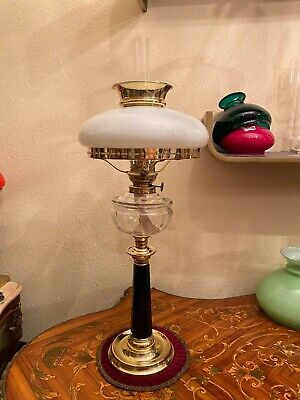 Antique German Brass Kerosene Oil Lamp Kosmos Brenner Crystal Glass