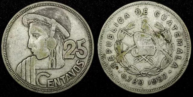 GUATEMALA Silver 1952 25 Centavos Mintage-112.000 Guatemala City  KM# 258 (58)