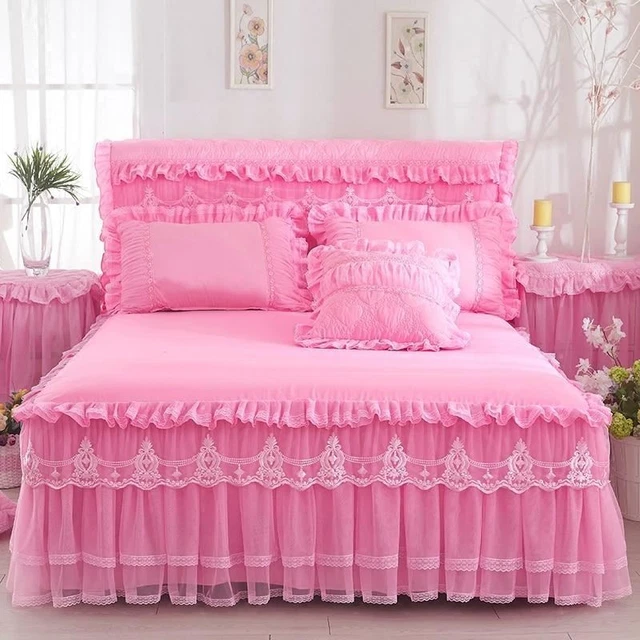 1 Pezzi Pizzo Letto Gonna Con Federe Set da Principessa Biancheria Copriletto