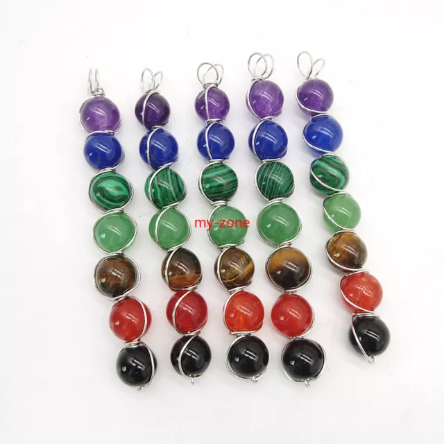 Natural 7 Chakra Gemstone Beads Pendant Wire Wrapped Healing Reiki Crystal 8