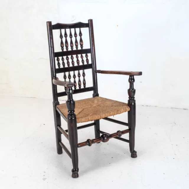 C19th Elm & Ash Lancashire Rush Seat Country Carver Armchair