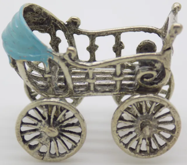 Vintage Italian Handmade Genuine Silver Baby Pram Dollhouse Miniature Figurine