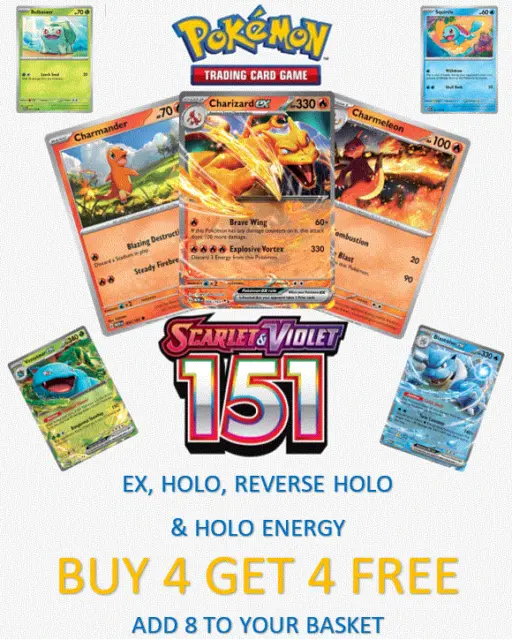 Pokemon 151 Cards Reverse Holo, EX, Holo Promo Scarlet & Violet BUY 4 GET 4 FREE