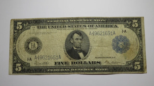 $5 1914 Boston Massachusetts Federal Reserve Large Bank Note Bill! Blue Seal VG+