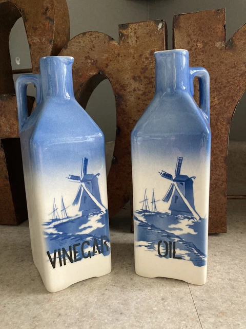 c.1920s Ditmar Urbach Cruet Oil & Vinegar Windmills from Czechoslovakia  8.75 In