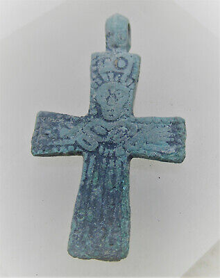 A22 Beautiful Ancient Byzantine Religious Bronze Cross Amulet Depicting Saint