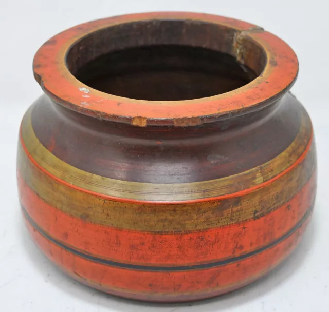 Handmade Vintage Wooden Pot Himachal Matka Old Hand Carved 