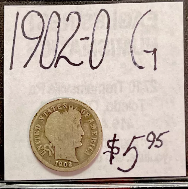 1902-O US Barber Silver Dime Coin (G) Good Condition. ENN Coins
