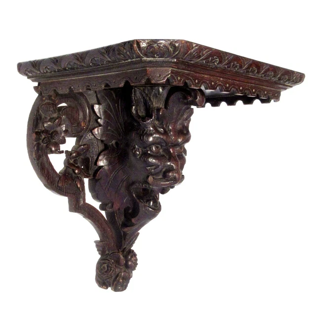 Antique French Hand Carved Wooden Wall Shelf, Gothic Gargoyle, Devil, Faun Satyr 3