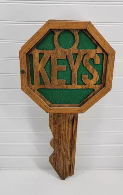Wall Mounted Key Shaped Holder Cabinet Wooden Handmade Laser Cut 9 Hooks Vtg 2