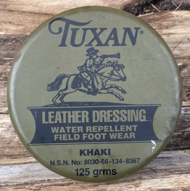Vintage Tuxan Leather Dressing Khaki 125gm Advertising Tin Cobbler Australian