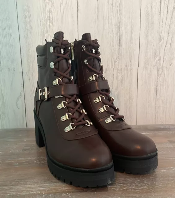 NEW IN BOX-GUESS Canaly Platform Combat Boots in Dark Brown Women's Size 9.5