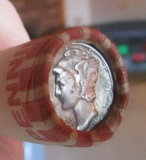 Mercury Dime on End of Wheat Penny Roll