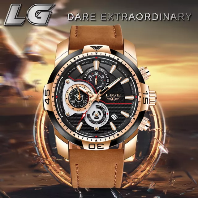 LIGE Mens Watches Top Brand Luxury Casual Leather Quartz Clock Waterproof