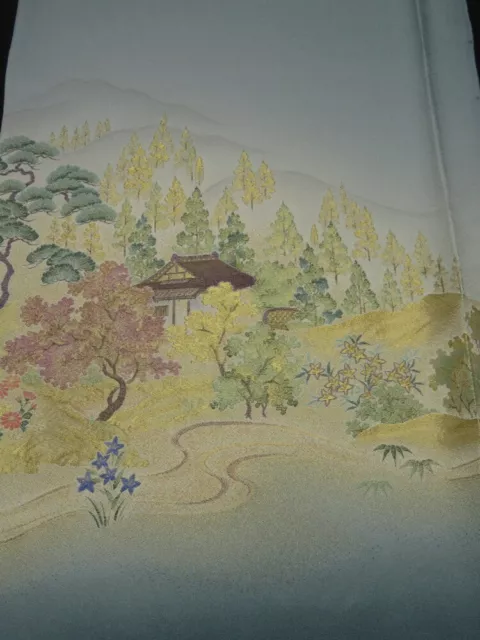 2T03z70  Japanese Kimono Silk  FABRIC Scenery Blue-Gray 44.9x14.6