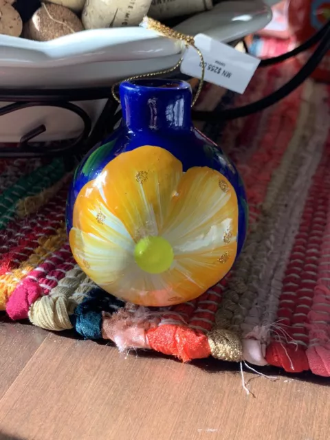 Terra Cotta Ornament Hand Painted Clay Ball Floral Design, NWT-Very Pretty
