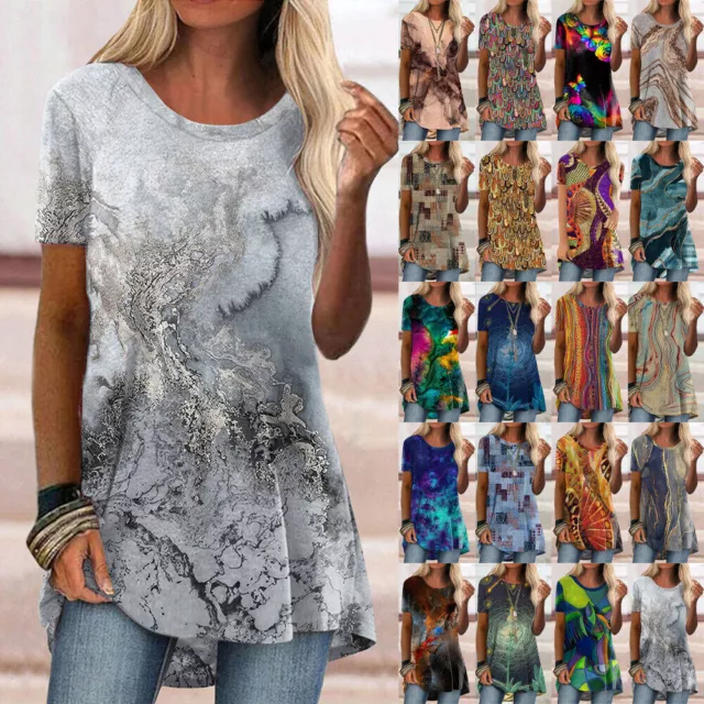 Womens Boho Printed Casual Long Tops Ladies Tunic T-Shirt Short Sleeve Blouse US