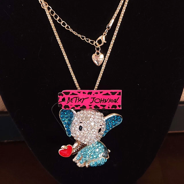 Blue I Love You Elephant Betsey Johnson Enamel and Rhinestone Necklace