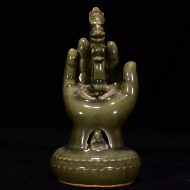 6.2" old antique song dynasty yue kiln porcelain green glaze buddha hand statue